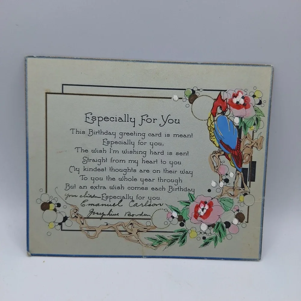 Vintage Emanuel Carlson Josephine Borden Birthday Greeting Card‎ Red Floral